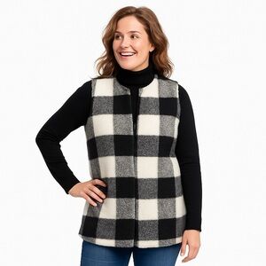 TALBOTS Women's Faux Fur Black, Gray, & White Buffalo Plaid Vest Jacket Size M